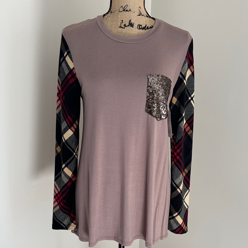12 Pm By Mon Ami Mauve Plaid Sleeve Top with Sequin Pocket